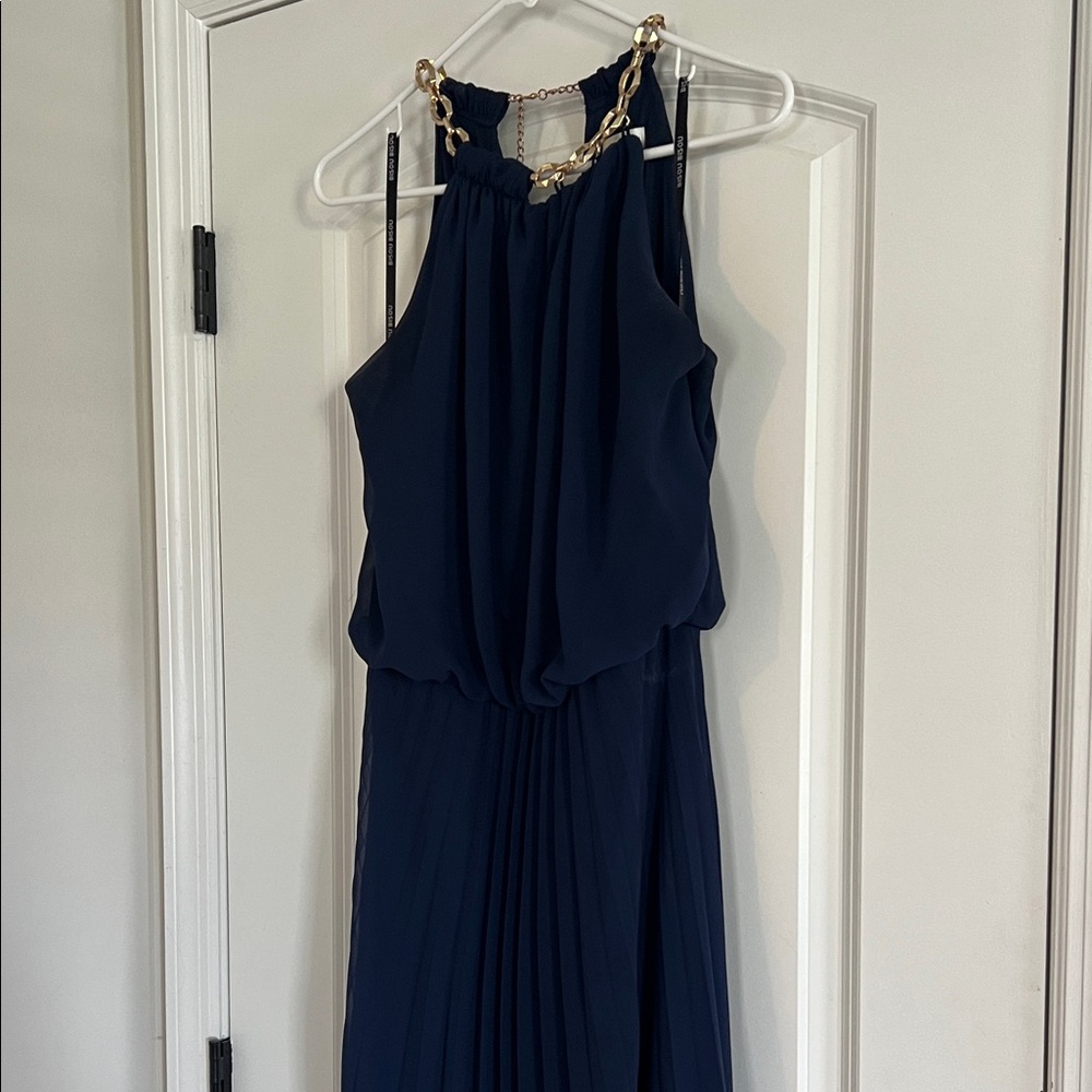 Bisou Bisou Navy Pleated Halter Maxi Dress with Chain Accent - Picture 6 of 10